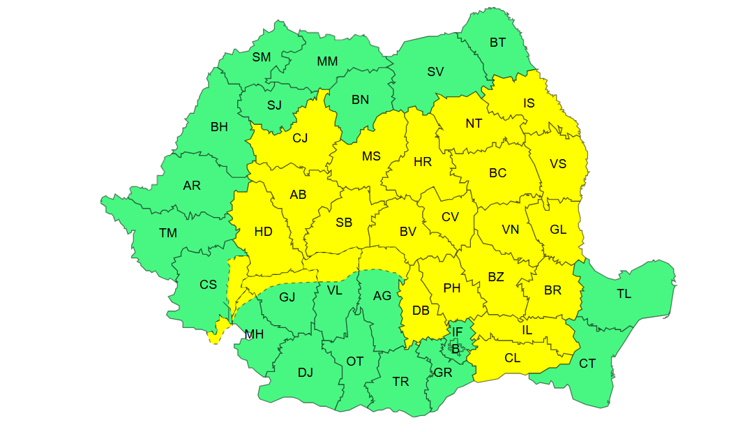 Cod galben de furtuni, vânt puternic și grindină în 25 de județe. ANM anunță vreme rea în toată țara până joi. HARTĂ