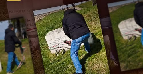 Un român a rupt steagul ungar de pe un monument din Belgrad și a pus în loc o panglică românească: Ne fură istoria peste tot