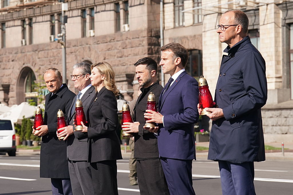 Emmanuel Macron, Friedrich Merz, Keir Starmer, Donad Tusk, Vladimir Zelenski