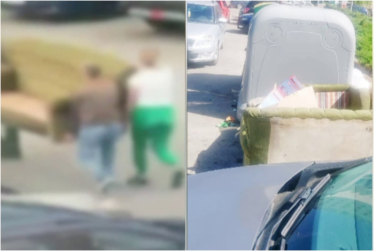 Bărbat surprins de camere în timp ce aruncă o canapea între blocuri, în Pitești. Ce amendă a primit