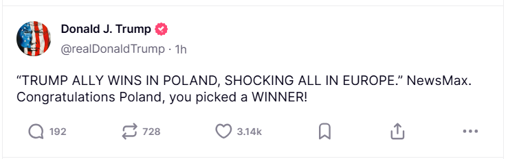 Reacția lui Donald Trump după ce „aliatul” lui, Karol Nawrocki, a câștigat alegerile din Polonia