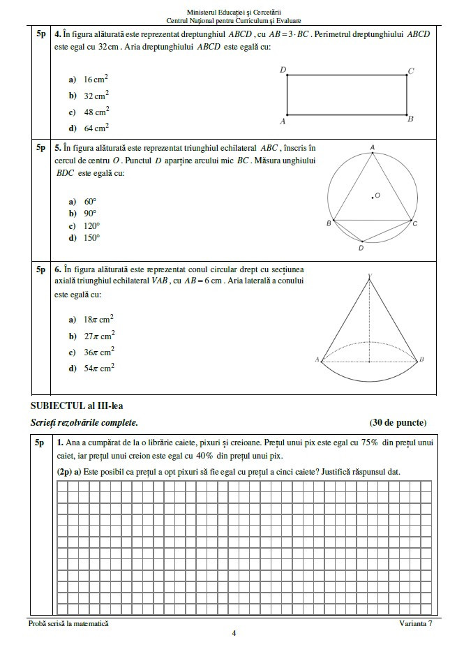 Subiecte matematică - evaluare nationala 2025