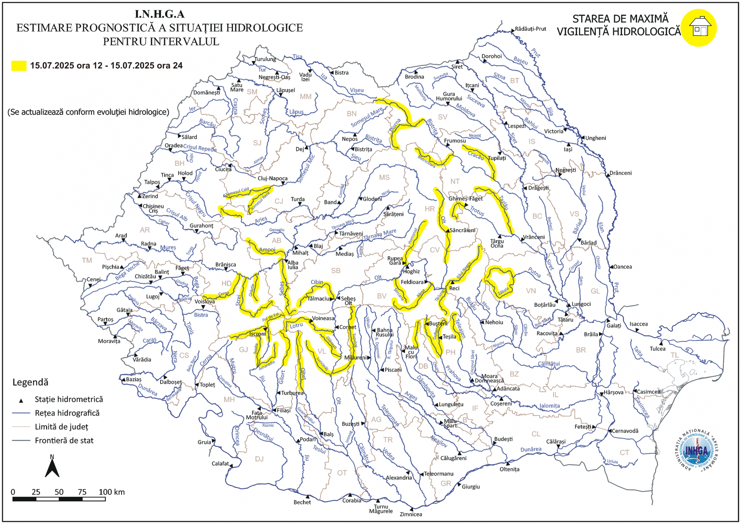 INHGA a emis o atenționare Cod galben de viituri în mai multe județe ale țării. Până când este valabilă. HARTĂ