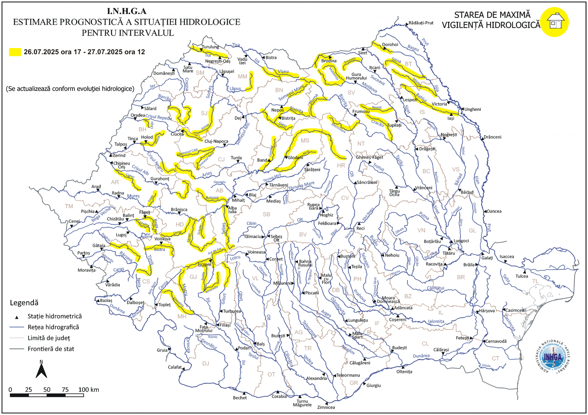 Cod galben de inundații emis de INHGA. Risc de viituri și depășiri ale cotelor pe râurile din mai multe zone ale țării