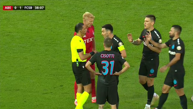 VIDEO. Eliminarea lui Cisotti. FCSB a rămas cu un om în minus, cu Aberdeen