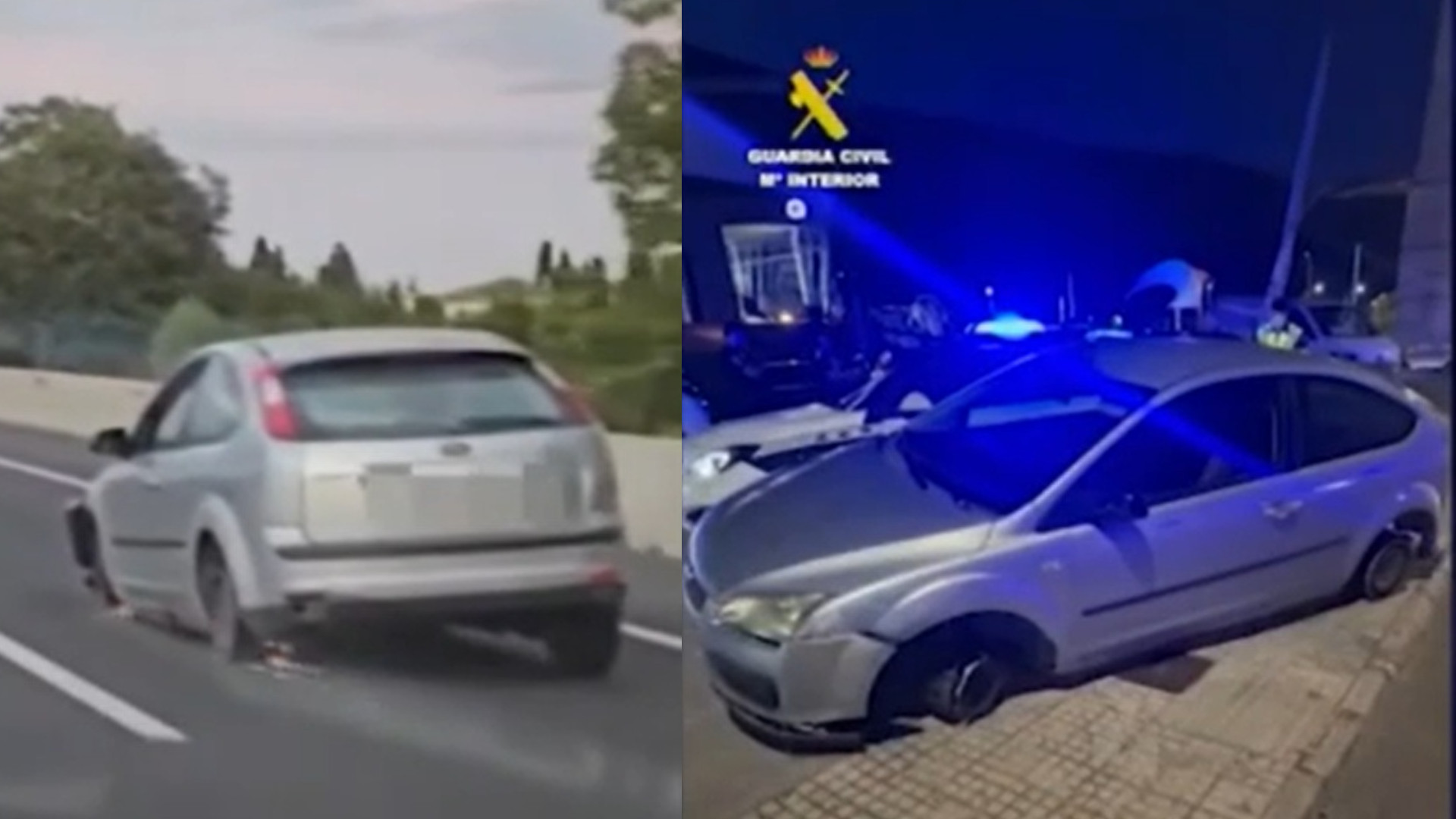 Haos și pagube în trafic, în Spania, după ce o mașină a fost condusă fără trei anvelope. Imaginile surprinse pe o șosea