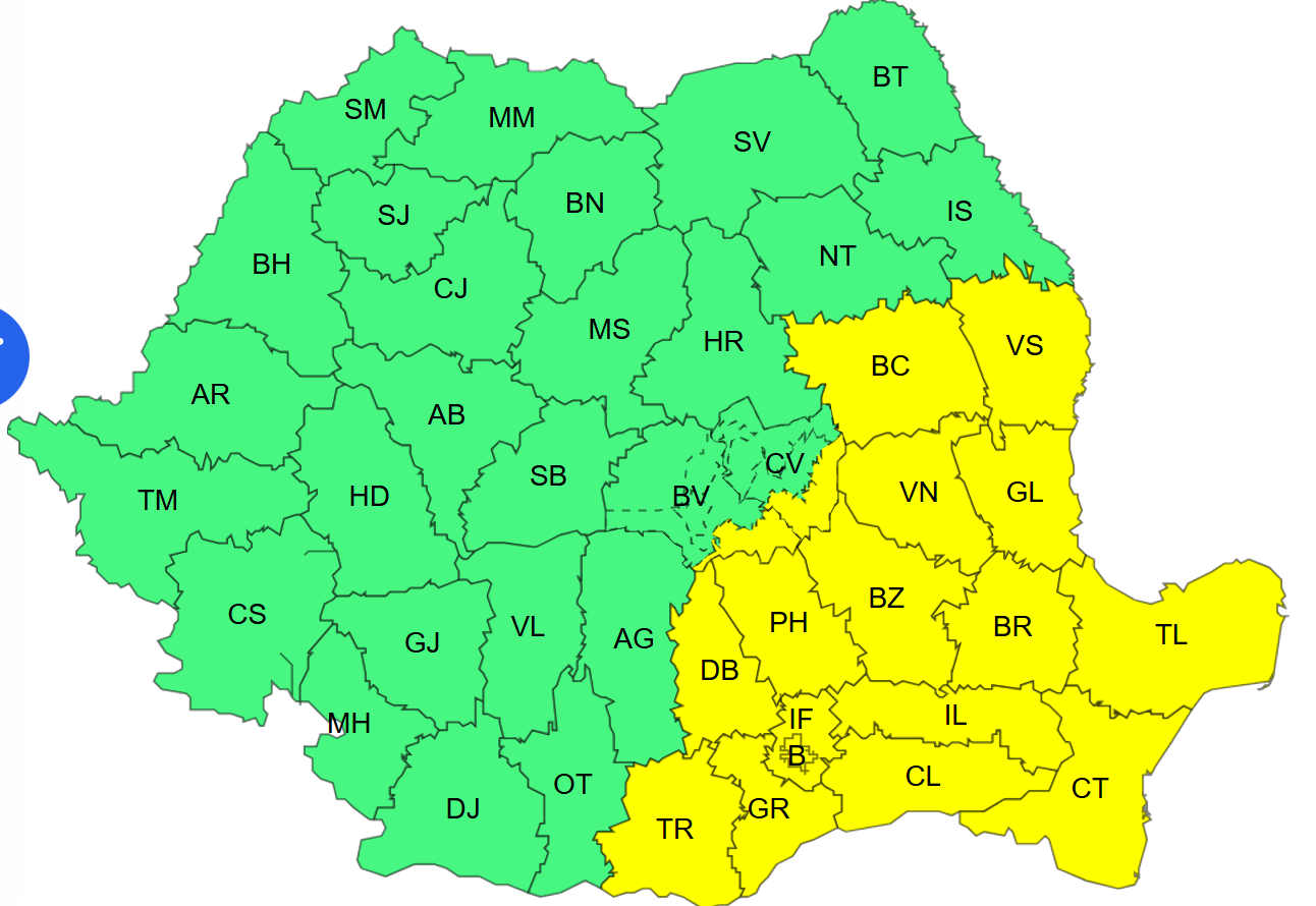 Zonele din țară unde apar ninsorile. ANM a emis și un Cod galben de ploi și vânt puternic în mai multe județe. Hartă