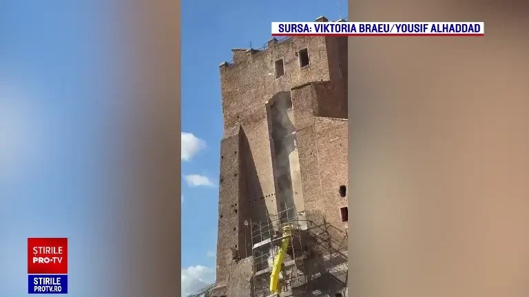 Doi români, prinși în prăbușirea turnului medieval din Roma. Unul a fost salvat, celălalt a rămas blocat între dărâmături