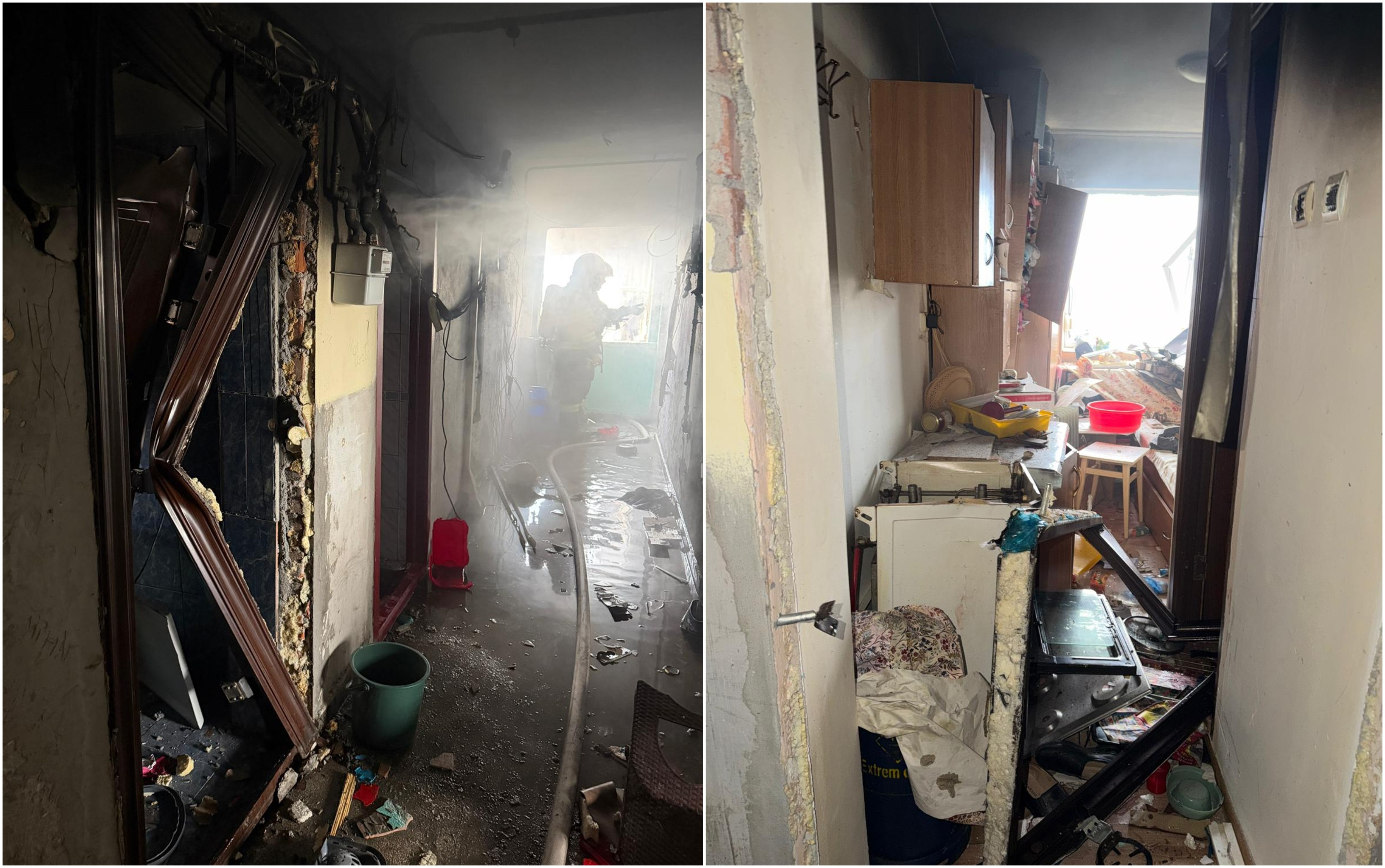 Explozie urmată de incendiu, într-un bloc din Balș, produsă de o butelie GPL. Două persoane au suferit arsuri