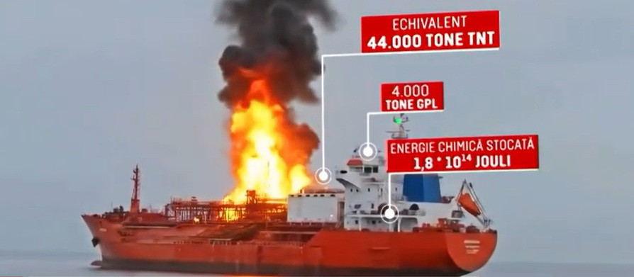 Trei scenarii luate în calcul de autorități dacă nava cu GPL care arde în portul Ismail va exploda. Primul, cel mai periculos
