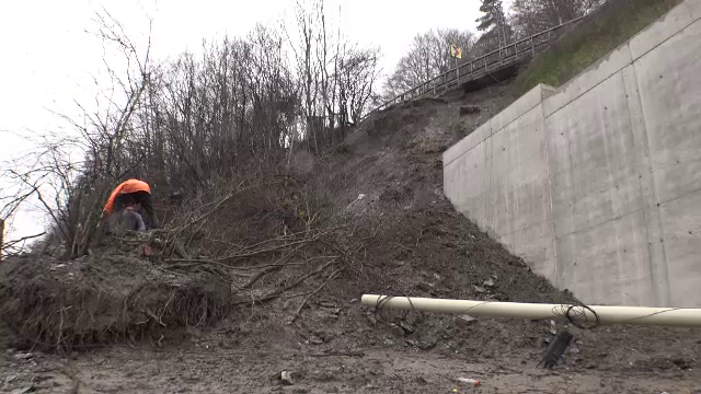 Restricții de circulație pe DN1. O alunecare de teren care a doborât mai mulți copaci și un stâlp de electricitate