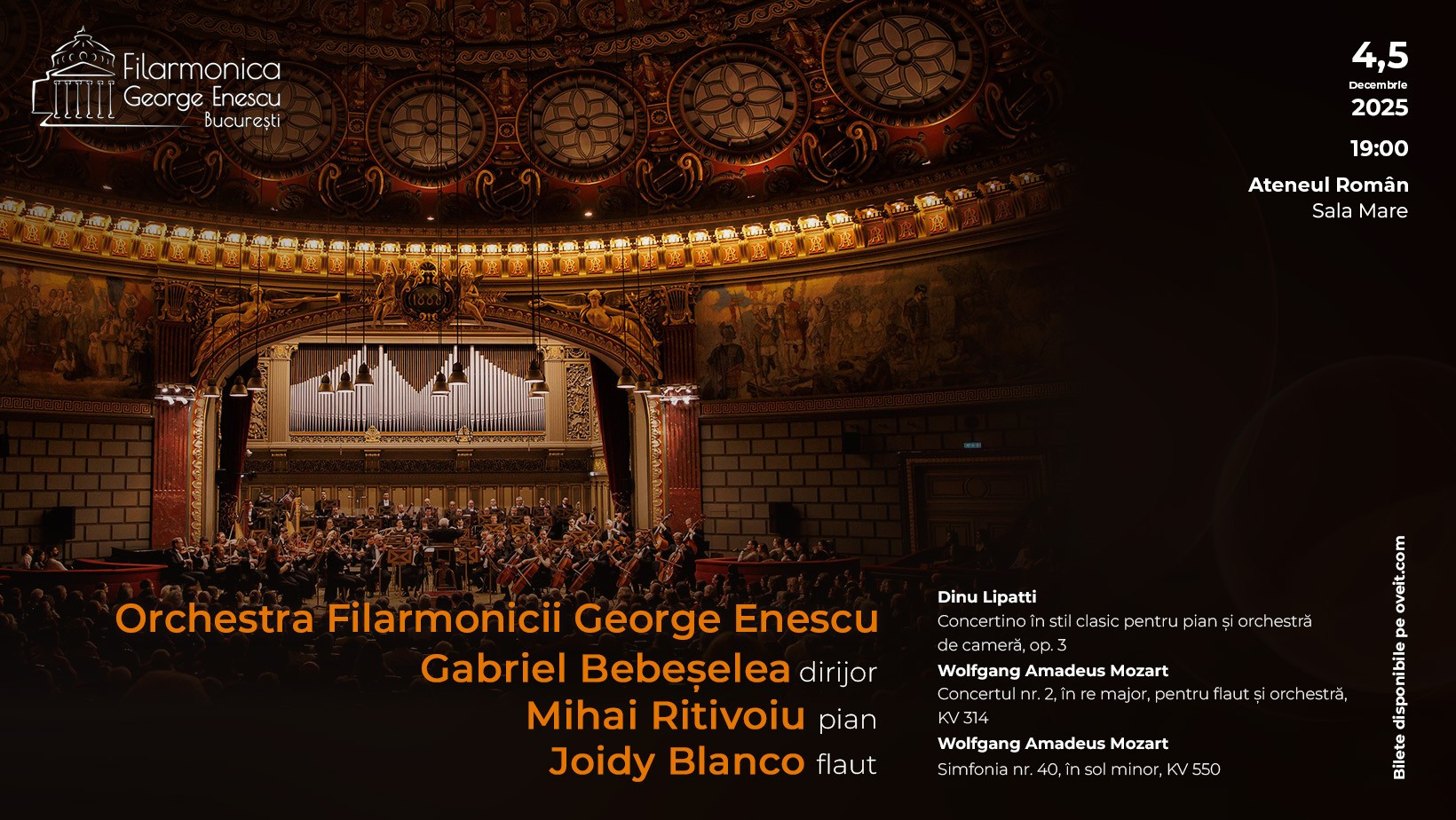 Flautista Joidy Blanco și pianistul Mihai Ritivoiu interpretează Mozart și Lipatti, cu orchestra Filarmonicii George Enescu