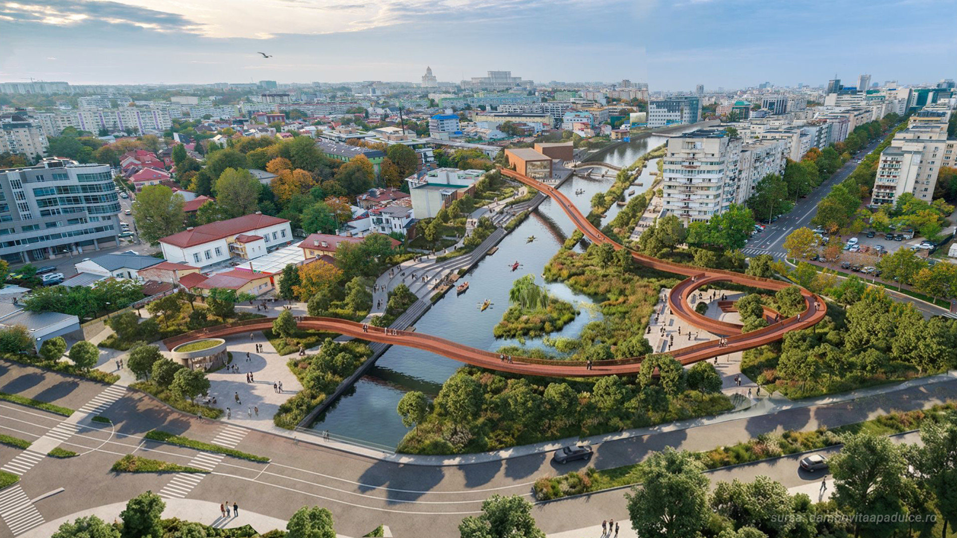 Cum ar putea arăta Bucureștiul în 2035. Albia betonată a Dâmboviței va „înverzi”, Splaiul Unirii - eliberat de trafic