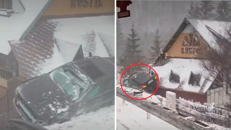 Mașină „parcată” pe acoperișul unei pensiuni din Predeal, după ce șoferul a derapat și a rupt parapetul | VIDEO