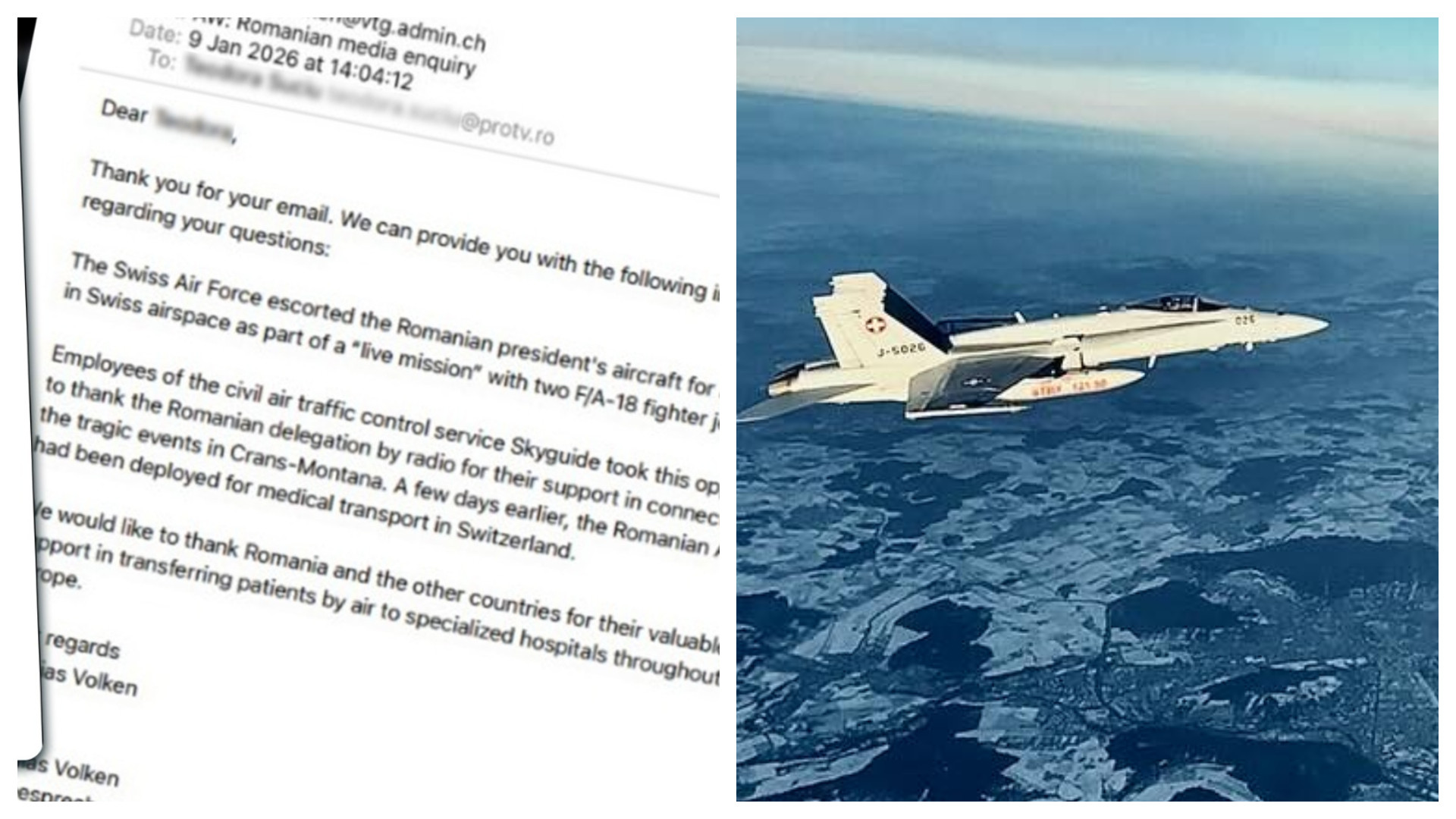 Reacția Armatei elvețiene, pentru Știrile PRO TV, cu privire la escortarea avionului lui Nicușor Dan: „Mulțumim României”