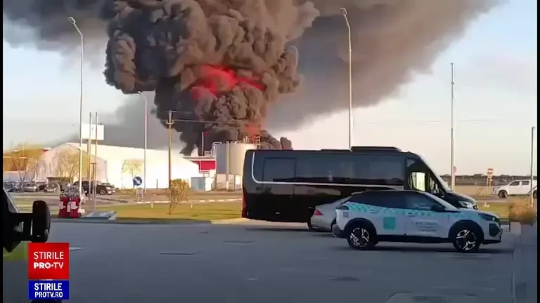 Arad, acoperit de un nor gros de fum. Un incendiu puternic a izbucnit la o fabrică de polistiren