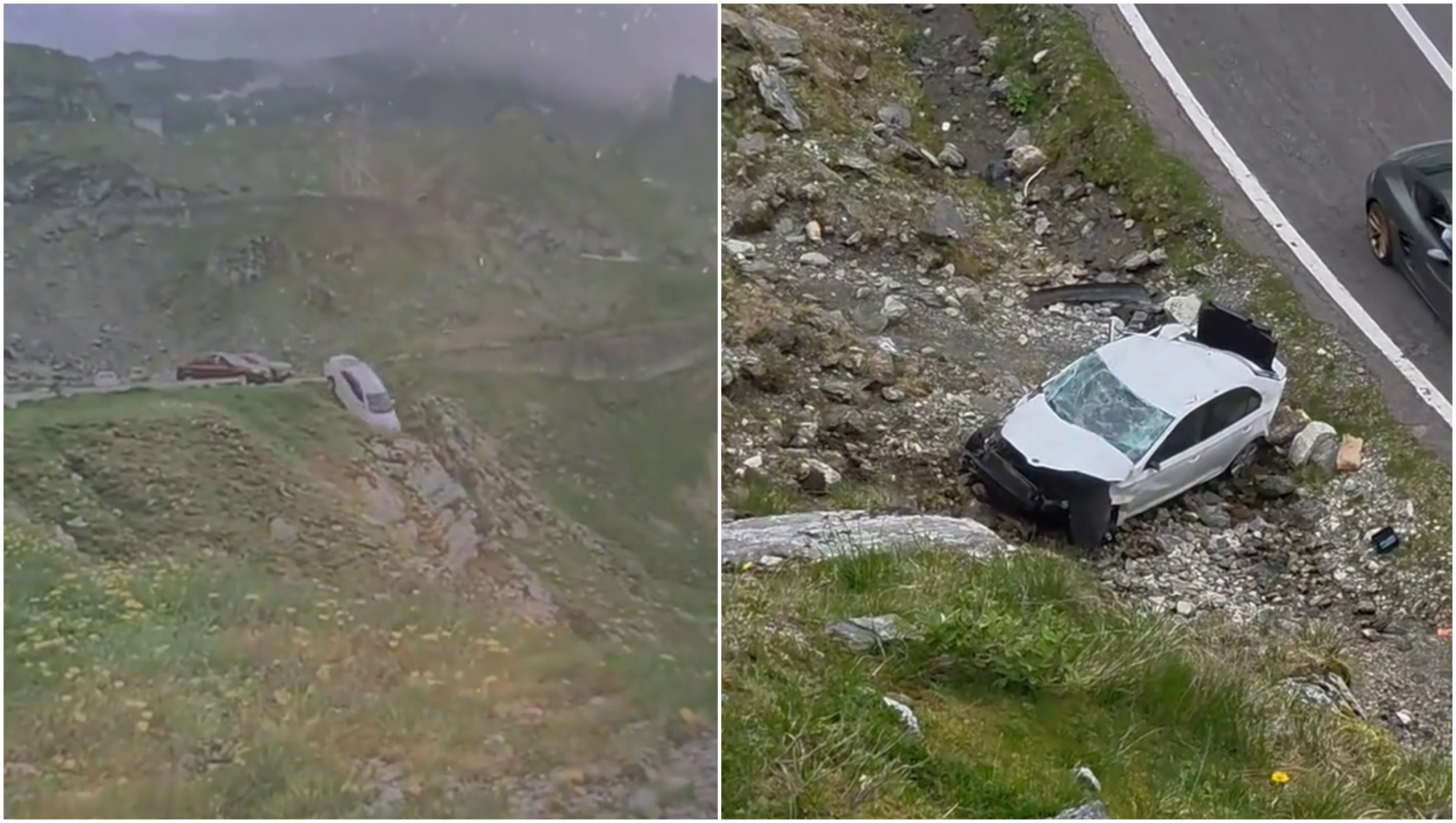 VIDEO. Momentul în care o mașină cade în gol într-o râpă pe Transfăgărășan. Șoferița ar fi oprit pentru un selfie