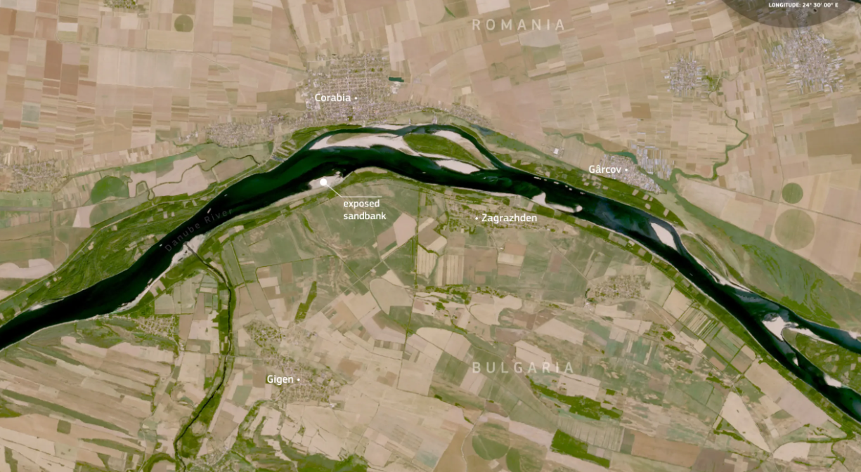 Efectele dramatice ale scăderii Dunării, surprinse din satelit. Imagini de la granița României