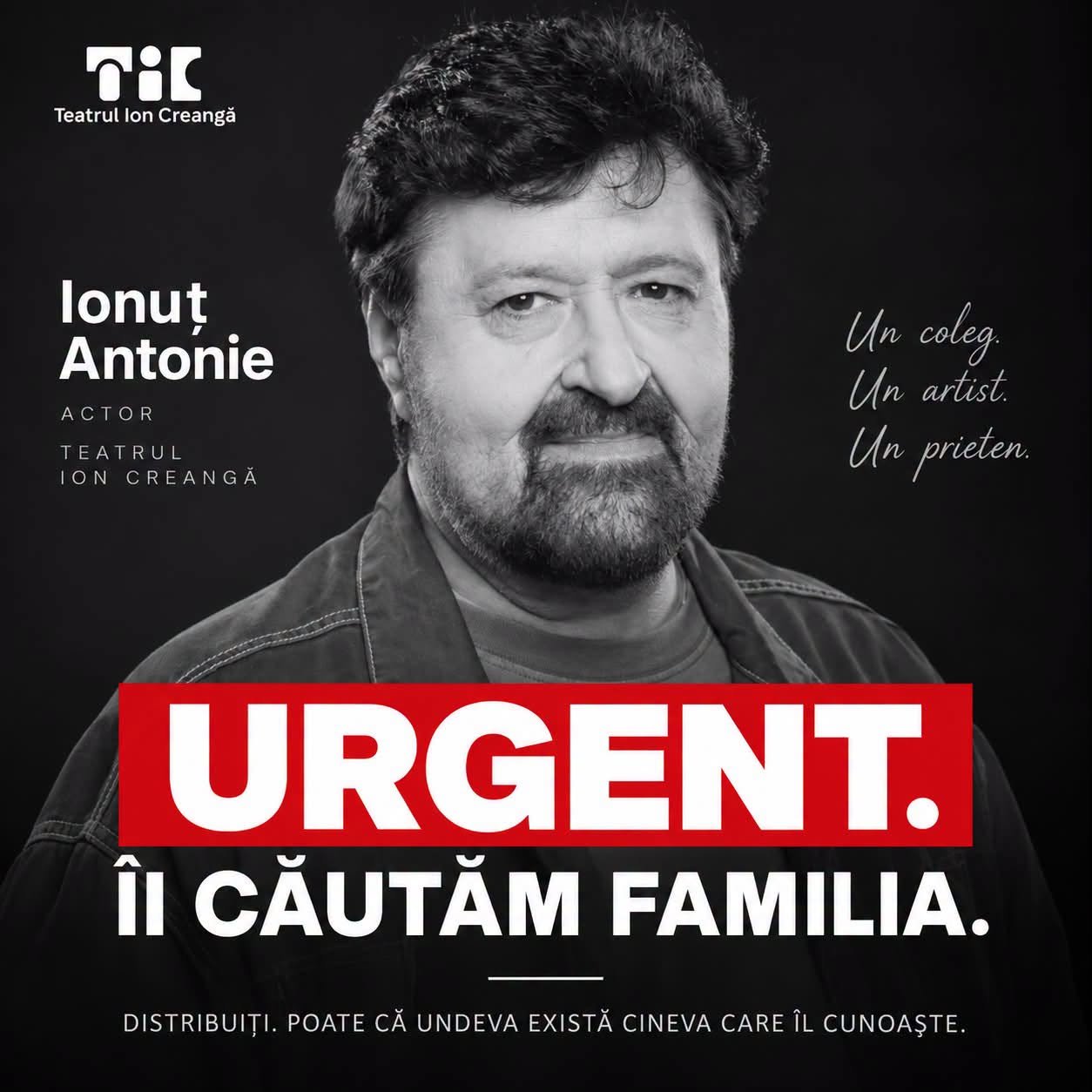 Actorul Ionuț Antonie a murit, dar nu are cine să-l înmormânteze. Apel dramatic: „Să nu permitem să rămână un om fără nimeni”