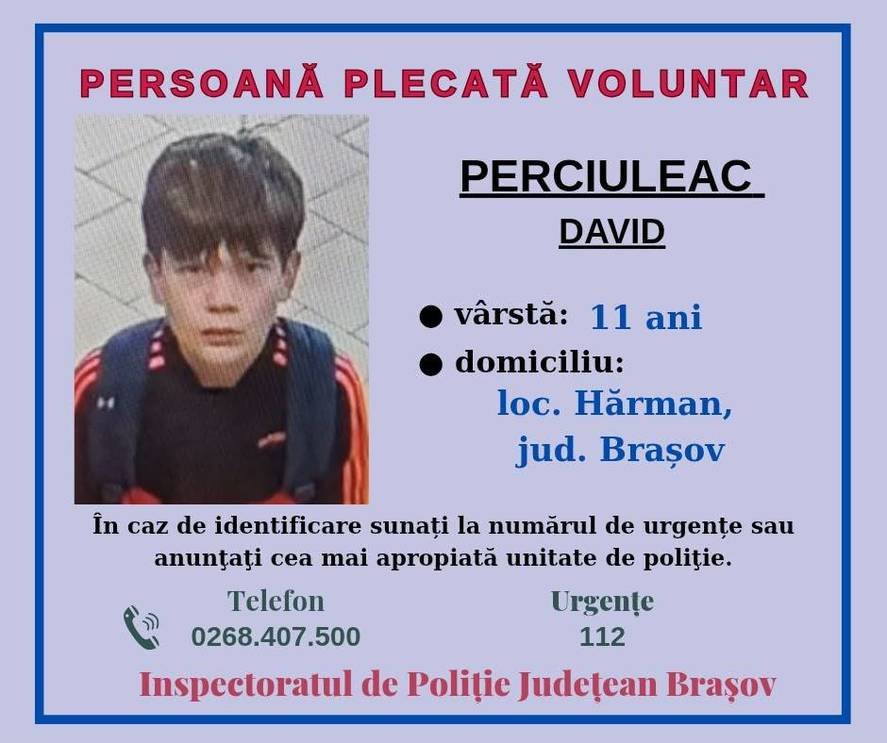 Un băiat de 11 ani din Braşov este căutat de autorităţi după ce ar fi plecat de acasă. Poliția cere ajutorul populației